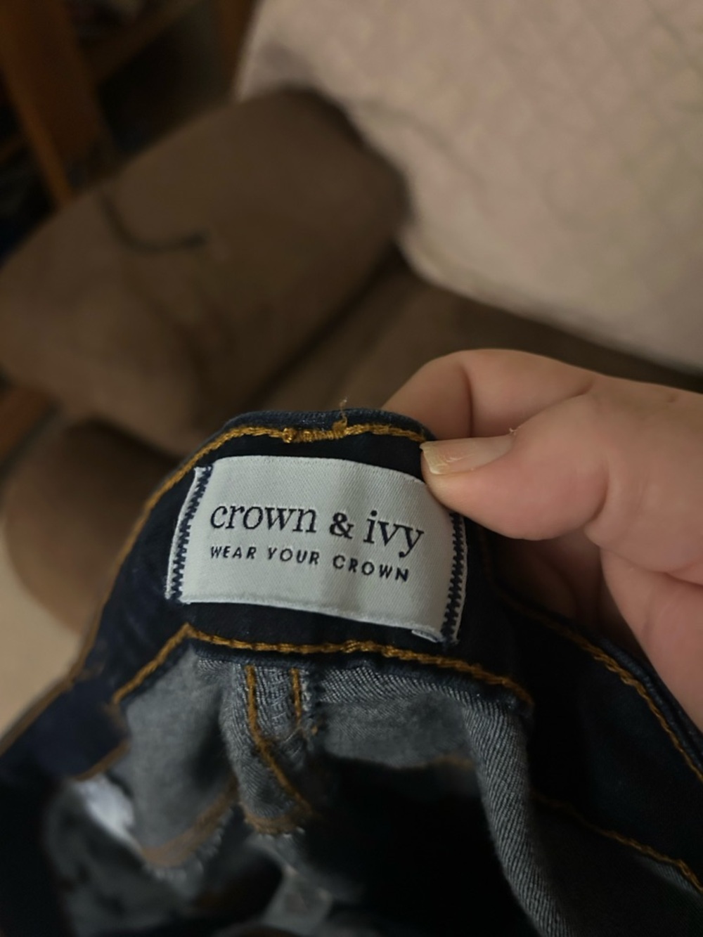 crown & ivy dark indigo jeans with gold stitching detail